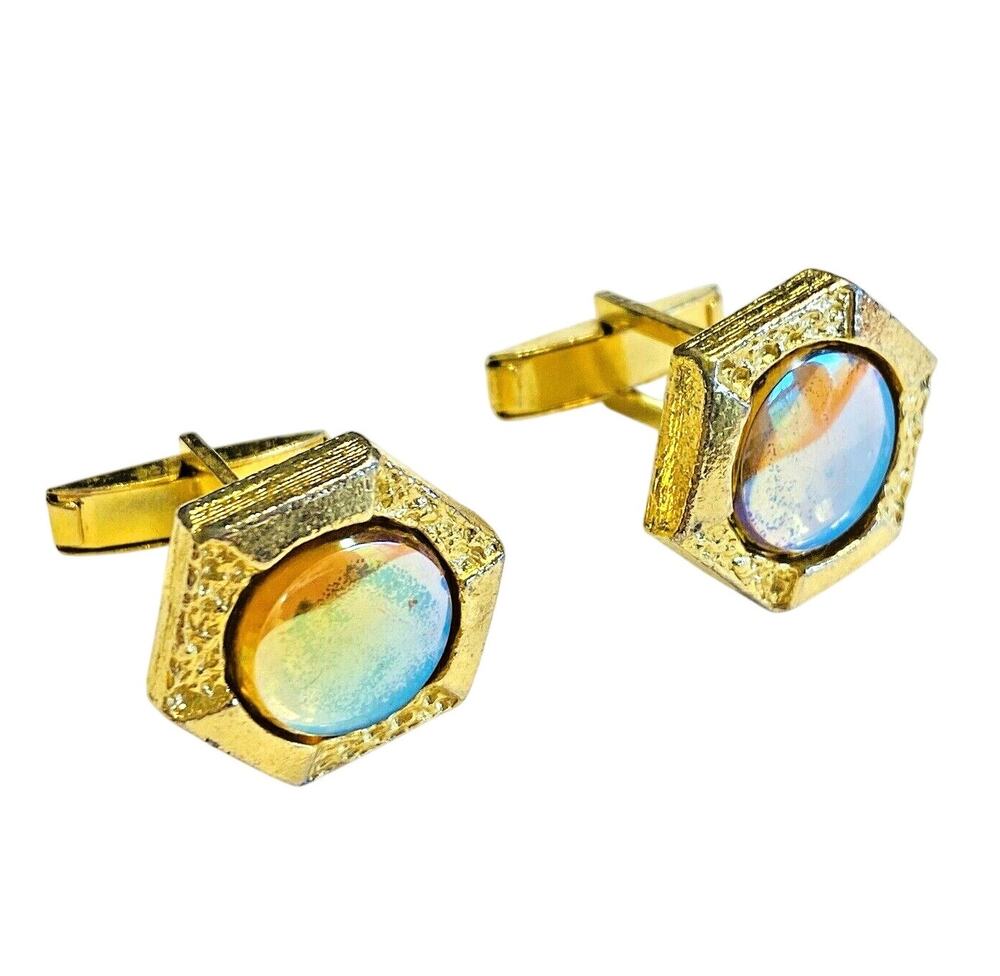 Unique Vintage Cufflinks 1970’s Goldtone & Reflecting Center Stones Hexagon Chic